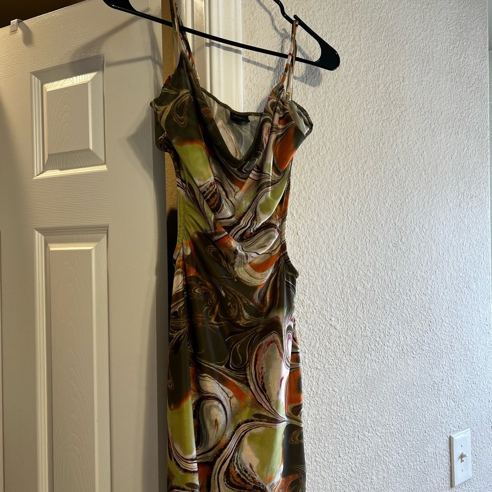 Brown and Green Midi Slip Dress with Spaghetti Straps for Night Out
